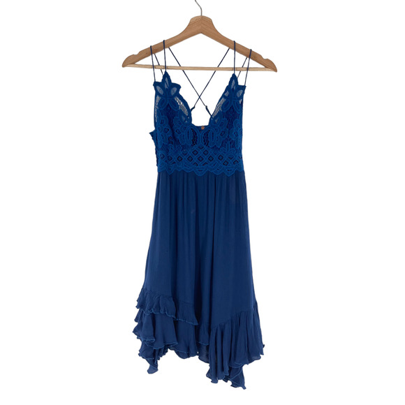Free People Adella Slip Dress Blue Lace Ruffle Strappy Beach - Picture 4 of 8